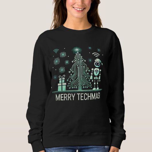 AI Robot mit Tech Christmas Tree - Merry Techmas Sweatshirt (Vorderseite)