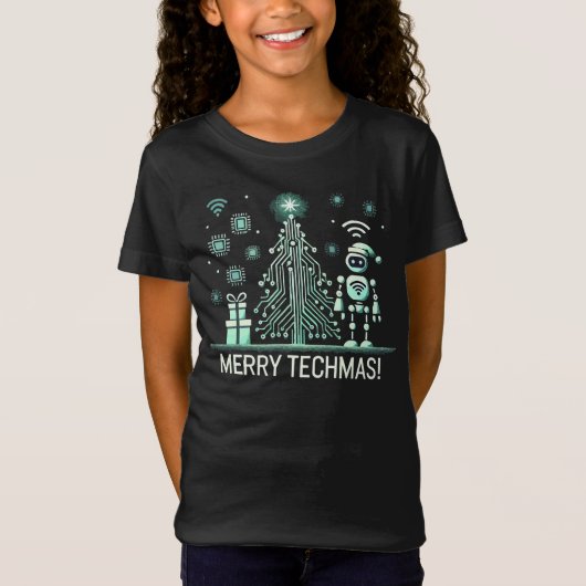 AI Robot mit Tech Christmas Tree - Merry Techmas T-Shirt (Vorderseite)