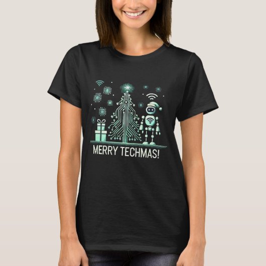 AI Robot mit Tech Christmas Tree - Merry Techmas T-Shirt (Vorderseite)