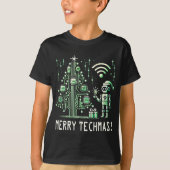 AI Robot mit Tech Christmas Tree - Merry Techmas T-Shirt (Vorderseite)
