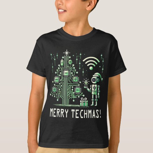 AI Robot mit Tech Christmas Tree - Merry Techmas T-Shirt (Vorderseite)