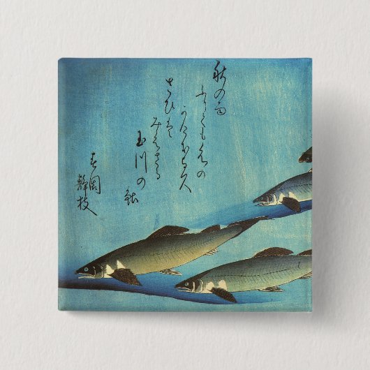 Ai (Trout) - Hiroshige Farbe Japanischer Fisch Pri Button (Vorderseite)