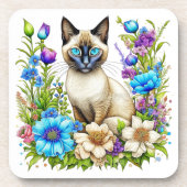 Ai Watercolor Siamese Cat in Blume Getränkeuntersetzer (Vorderseite)