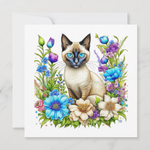 Ai Watercolor Siamese Cat in Blume Mitteilungskarte