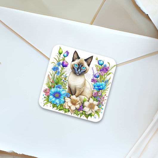 Ai Watercolor Siamese Cat in Blume Quadratischer Aufkleber