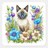 Ai Watercolor Siamese Cat in Blume Quadratischer Aufkleber (Vorderseite)