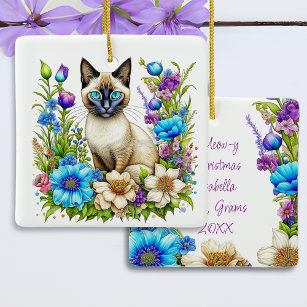 Ai Watercolor Siamese Katze in Blume Personalisier Keramikornament