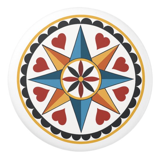 Aight Point Star & Heart Amish Dutch Hex Sign Knob Keramikknauf (Vorderseite)