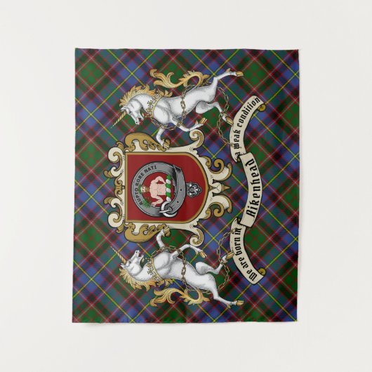 Aikenhead Clan Abzeichen & Unicorns mit Tartan Wandteppich (Vorderseite)