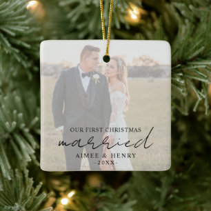 Aimee Rustic Script Modern Newlywed Keramikornament