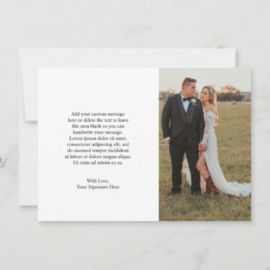 Aimee Rustic Script Moderne Hochzeit Dankeskarte (Rückseite)