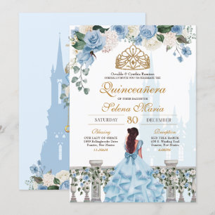 Ainderella Blue Floral Gold Princess Quinceanera Einladung