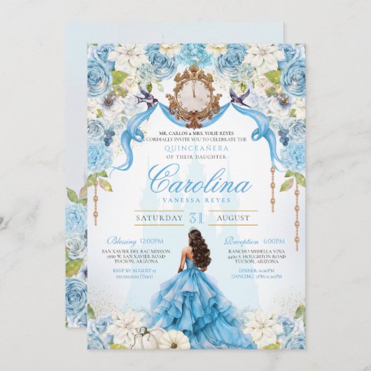 Ainderella Blue Gold Luxury Princess Quinceanera Einladung (Vorne/Hinten)