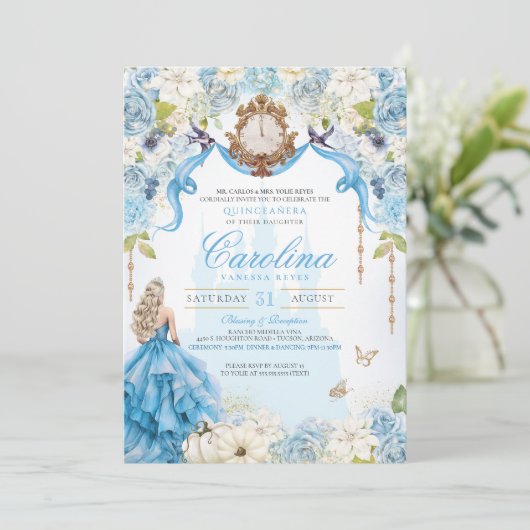 Ainderella Blue & Gold Princess Luxury Quinceanera Einladung (Stehend Vorderseite)