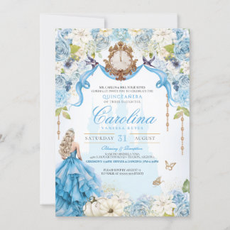Ainderella Blue & Gold Princess Luxury Quinceanera Einladung