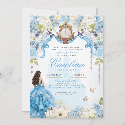 Ainderella Blue & Gold Princess Luxury Quinceanera Einladung (Vorderseite)