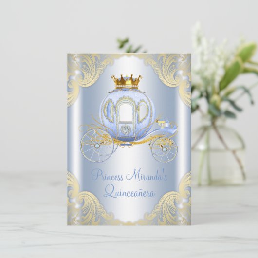 Ainderella Blue Gold Princess Quinceanera Einladung (Stehend Vorderseite)