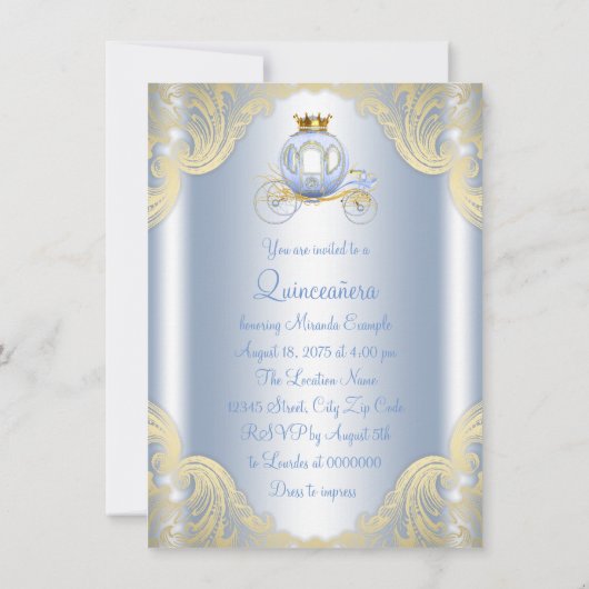 Ainderella Blue Gold Princess Quinceanera Einladung (Rückseite)