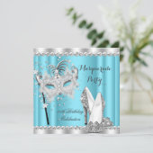 Ainderella Blue Masquerade Maske Heelse Geburtstag Einladung (Stehend Vorderseite)