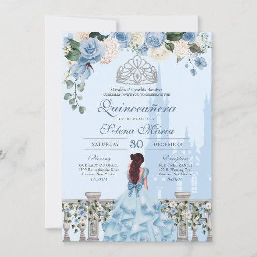Ainderella Blue Rose Silver Princess Quinceanera Einladung (Vorderseite)