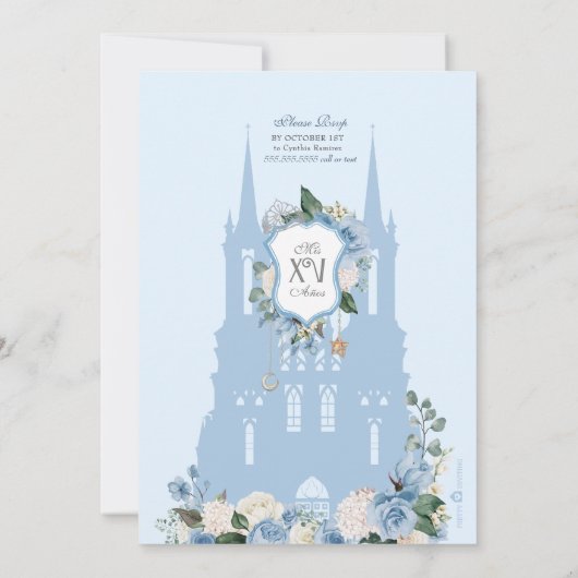 Ainderella Blue Rose Silver Princess Quinceanera Einladung (Rückseite)