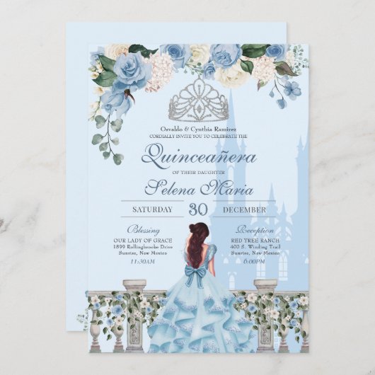 Ainderella Blue Rose Silver Princess Quinceanera Einladung (Vorne/Hinten)