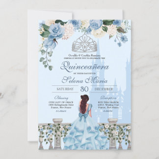 Ainderella Blue Rose Silver Princess Quinceanera Einladung