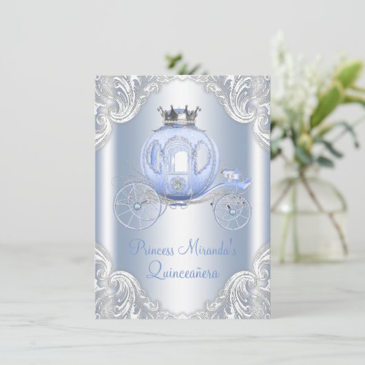 Ainderella Blue Silver Princess Quinceanera Einladung (Stehend Vorderseite)