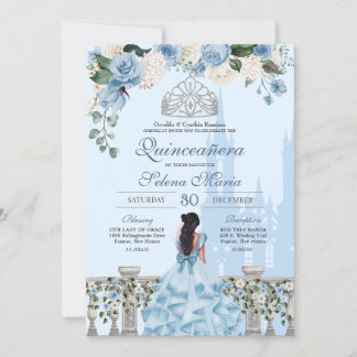 Ainderella Blue Silver Royal Princess Quinceanera Einladung