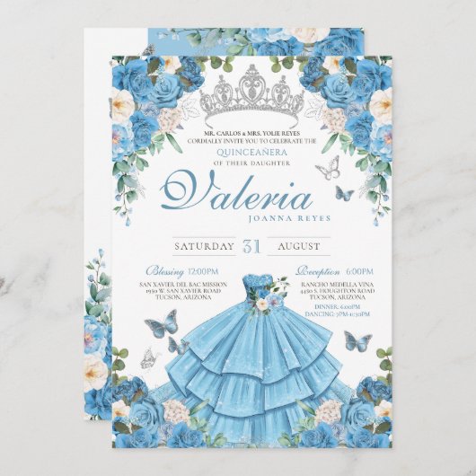 Ainderella Silver Blue Butterfly Princess Birthday Einladung (Vorne/Hinten)