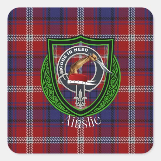Ainslie Scottish Clan Tartan & Wappen Quadratischer Aufkleber (Vorderseite)
