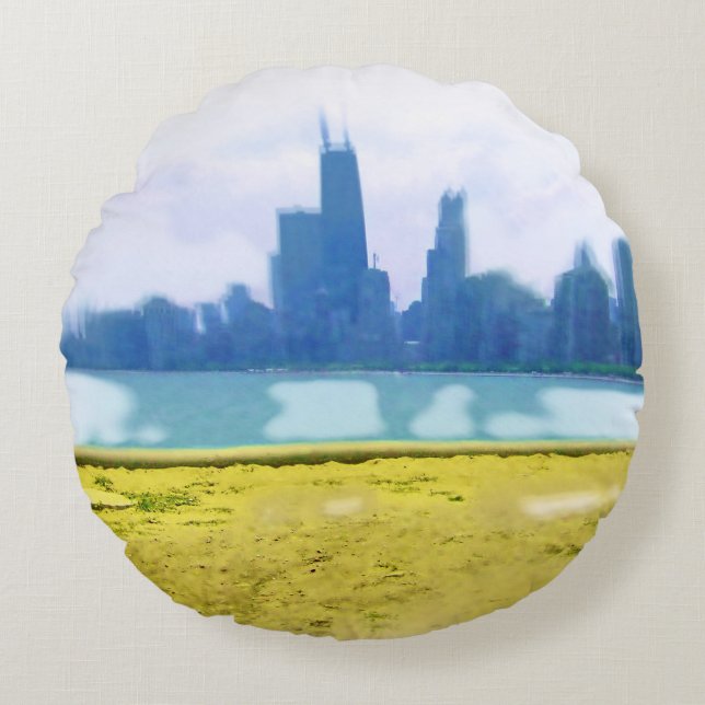 Air Brushed Chicago Wolkenkratzer Rundes Kissen (Vorderseite)
