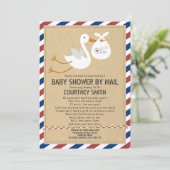 Air Mail Stork Red Blue Baby Dusche per Mail Einladung (Stehend Vorderseite)
