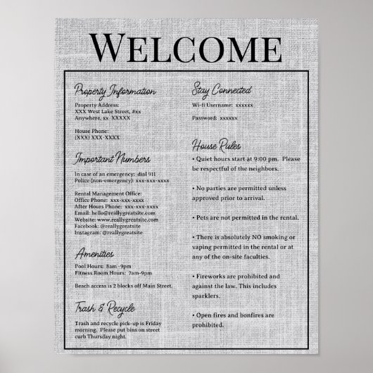 Airbnb Vacation Rental Guest Information Sign Poster (Vorne)