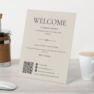 Airbnb Willkommens-Hausmiete QR Code Beige Sockelschild