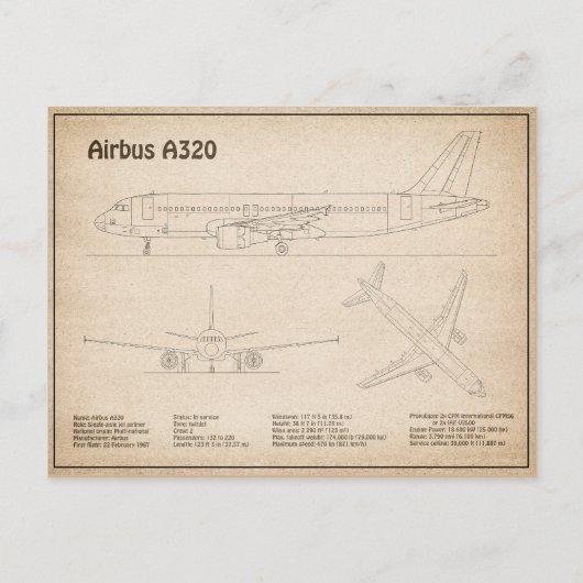Airbus A320 - Flugzeugkonzept Zeichnend Pläne SD Postkarte (Vorderseite)