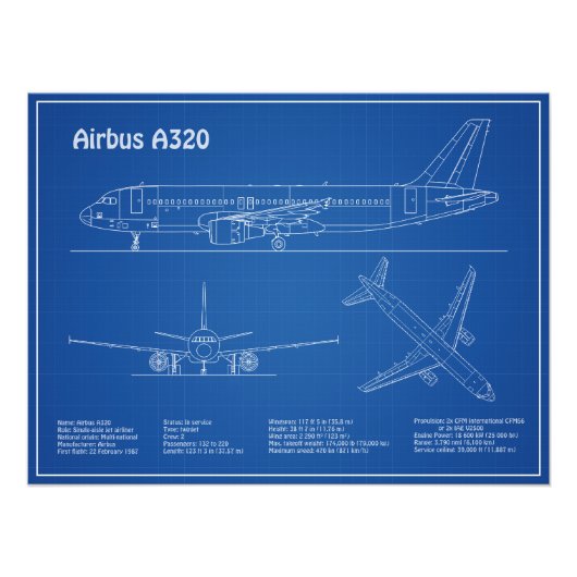 Airbus A320 - Pläne für Zeichnend Flugzeugkonzepte Fotodruck (Vorne)