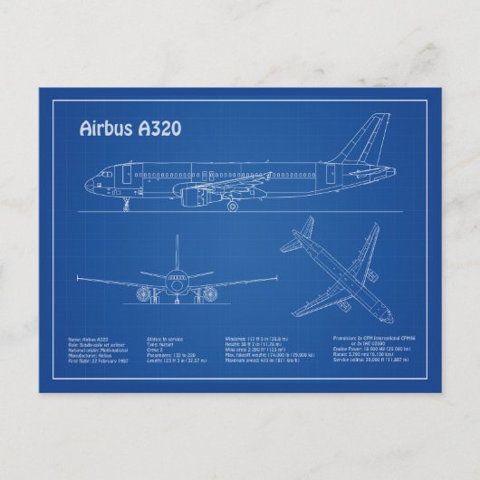 Airbus A320 - Pläne für Zeichnend Flugzeugkonzepte Postkarte (Vorderseite)