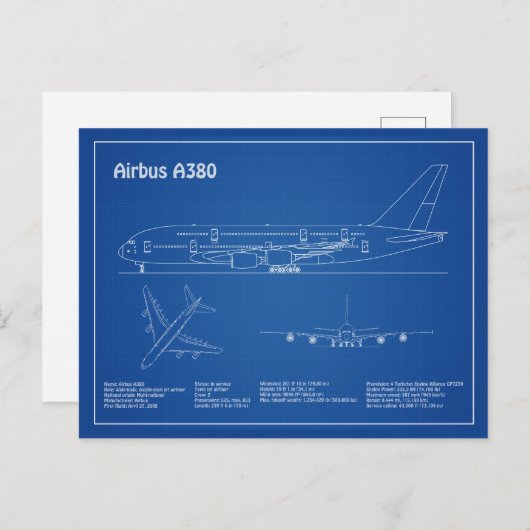 Airbus a380 - Flugzeugkonzept Zeichnend Pläne AD Postkarte (Vorne/Hinten)