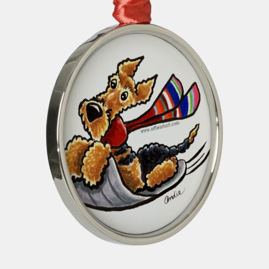 Aire-Sledding Airedale Terrier Silbernes Ornament (Rechts)
