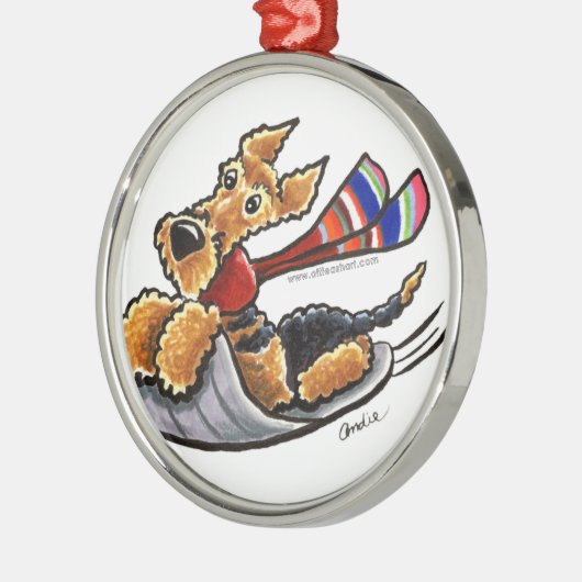Aire-Sledding Airedale Terrier Silbernes Ornament (Links)