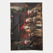 Airedale am Feuerplatz Weihnachten Geschirrtuch (Vertikal)