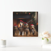 Airedale am Feuerplatz Weihnachten Quadratische Wanduhr (Zuhause)