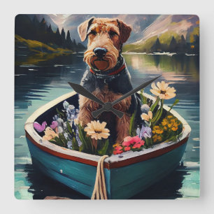 Airedale Dog on a Paddle: Ein Landschaftliches Abe Quadratische Wanduhr