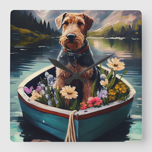Airedale Dog on a Paddle: Ein Landschaftliches Abe Quadratische Wanduhr (Vorderseite)
