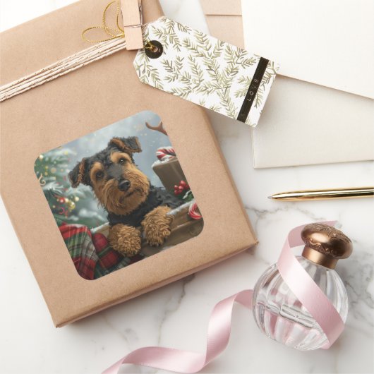 Airedale Dog Weihnachten Quadratischer Aufkleber (Schenken)