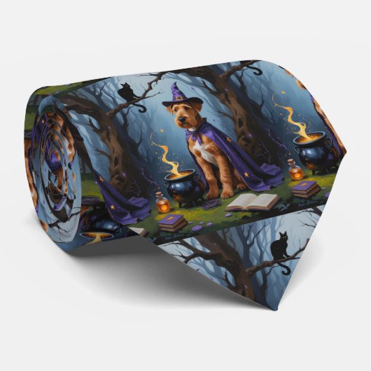 Airedale Dog Whimsical Halloween Malerei Krawatte (Gerollt)