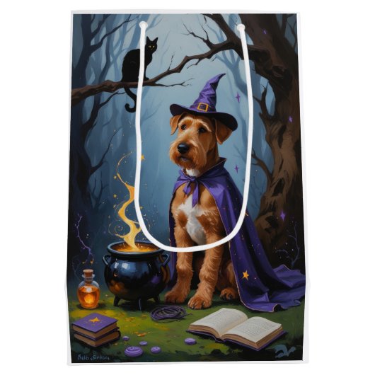 Airedale Dog Whimsical Halloween Malerei Mittlere Geschenktüte (Rückseite)