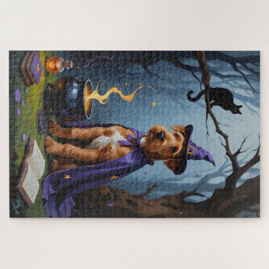 Airedale Dog Whimsical Halloween Malerei Puzzle (Horizontal)