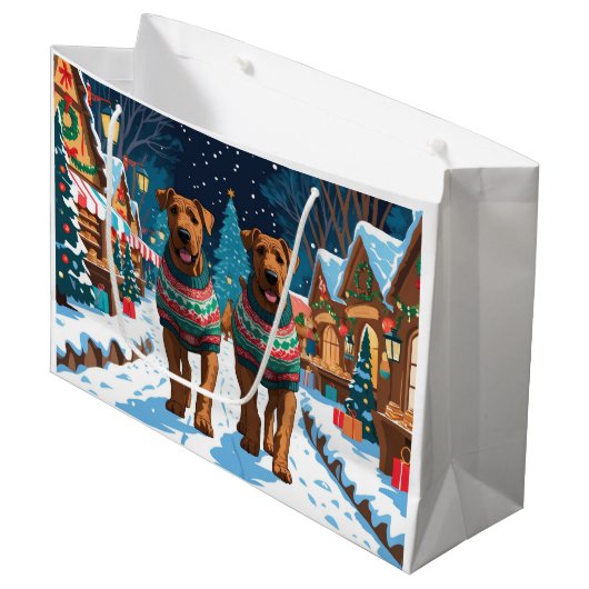 Airedale Dogs Christmas Snow Holiday Große Geschenktüte (Vorderseite Schrägansicht)